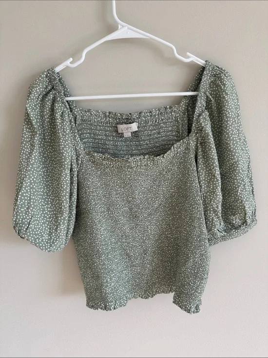 LOFT Sage Green Smocked Square Neck Cropped Puff Sleeve Blouse