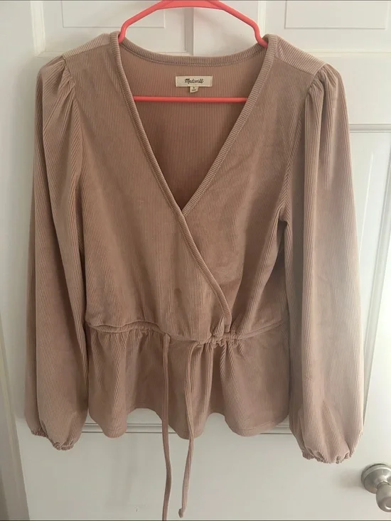 Madewell Taupe Corduroy Wrap Blouse with Drawstring