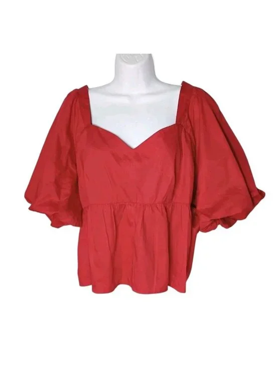 Old Navy Puff Sleeve Cropped Cotton Top XL Red Sweetheart Neckline Boho