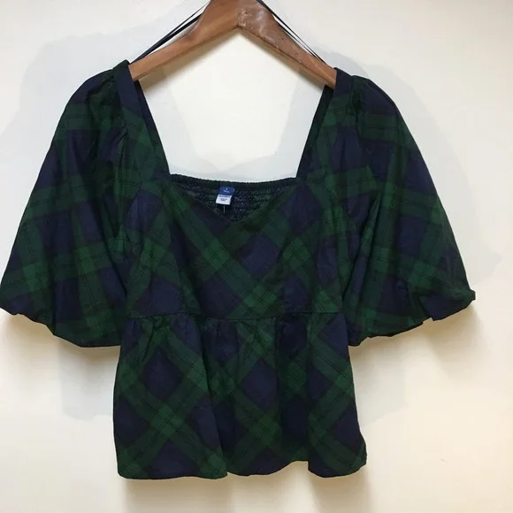 Old Navy Plaid Puff Sleeve Blouse Women Small Tall Green Navy Peplum Top