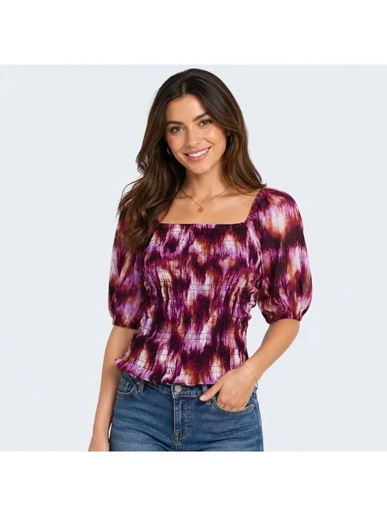 Old Navy Womens Tall Smocked Puff-Sleeve Top Tie-Dye Print L