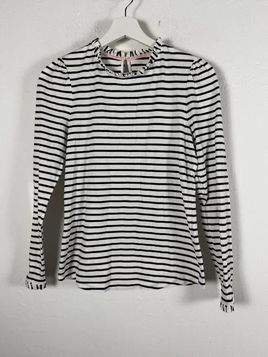 Boden Striped Long Sleeve Top Ruffle Collar Puff Shoulder Knit Blouse Size 4