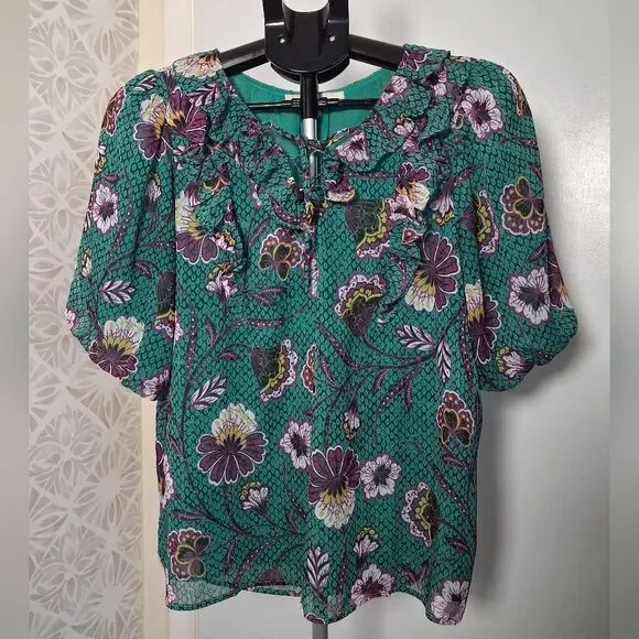 Green Floral Ruffle-Trim Women's Blouse puff sleeve