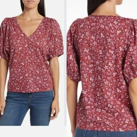 Madewell NWT Womens  NO235 Red Floral V-Neck Puff Short Sleeve Cotton Top XXL