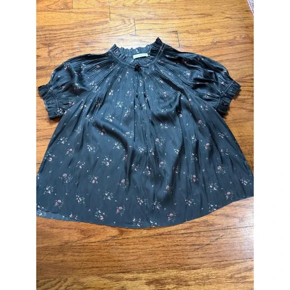 Ulla Johnson Floral Pleated Blouse Black Pink Rose Ruffle Neck Puff Sleeve Top 8