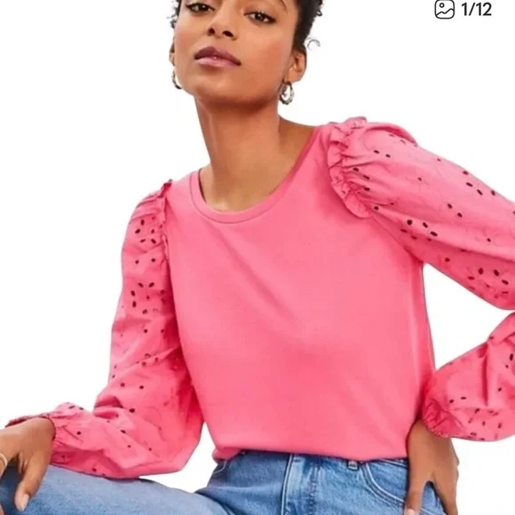 LOFT Pink Eyelet Round Neck Puff Long Sleeve Knit Top Shirt S