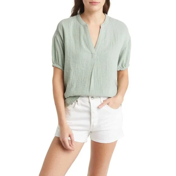 Madewell Womens Lightspun Gauze Popover Top L/XL Sage Green Clean Coastal Cotton