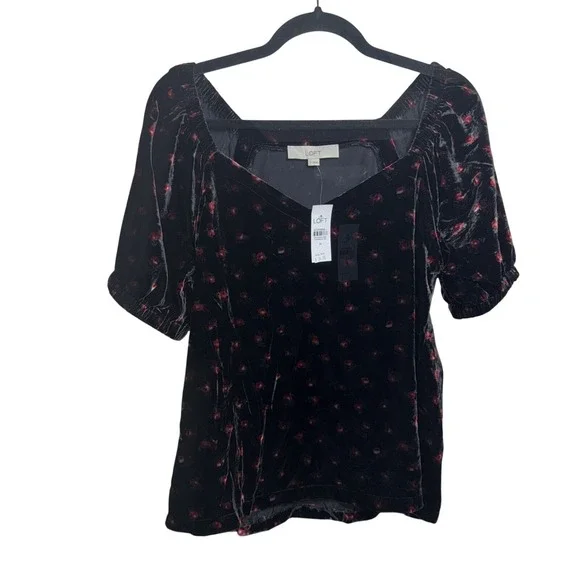 NWT LOFT Black Velvet Floral Sweetheart Neckline Top Puff Sleeve M Whimsigoth