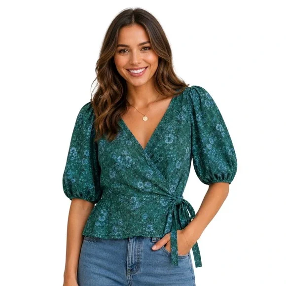 Madewell Green Floral Puff Sleeve Wrap Top Cotton V-Neck Blouse Size Medium