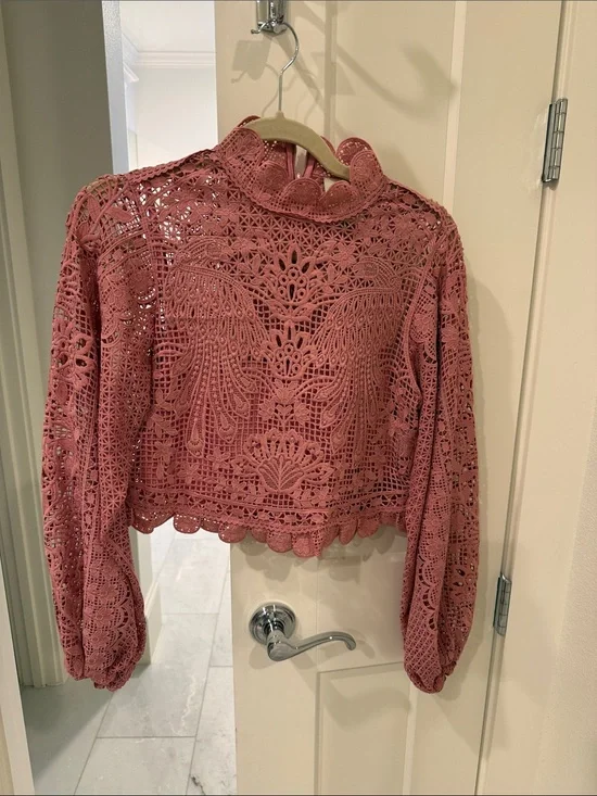 FARM Rio Dusty Rose Crochet Lace High-Neck Long Sleeve Top
