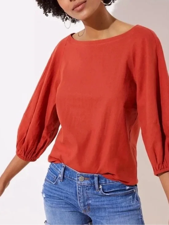 Loft Puff Sleeve Linen Blend Top // Orange // Small