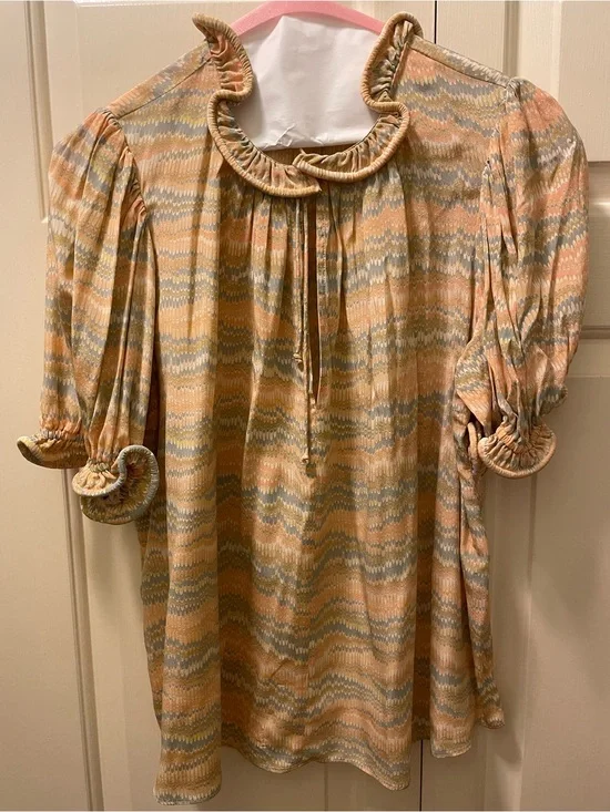 Ulla Johnson Corine Peach, Light Blue & Cream Wave-Print Ruffled Neck Blouse