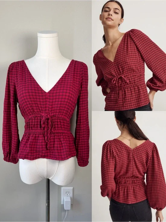 Madewell Crinkled V-Neck Peplum Top Hibiscus Plaid Puff Sleeve Smocked Blouse