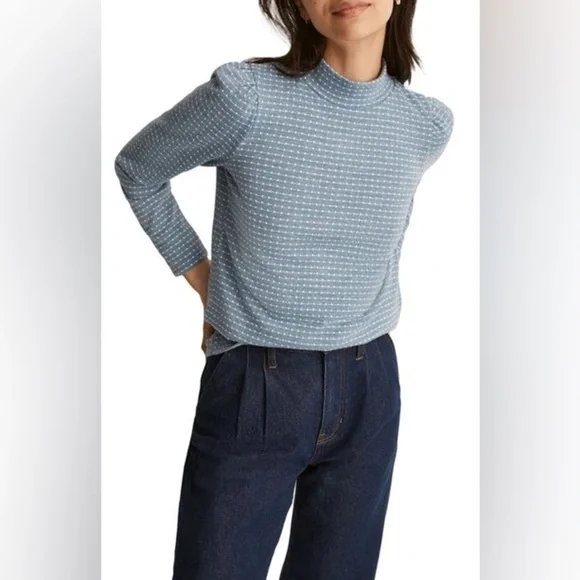 Madewell Jacquard Puff Sleeve Mock Neck Top in Tranquil Lake Size 2X NWT
