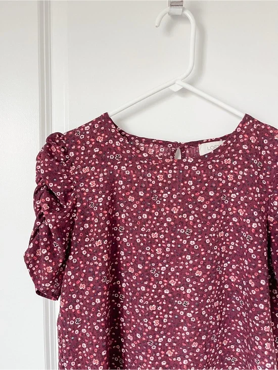 LOFT | Burgundy | Floral Puff-Sleeve | Top
