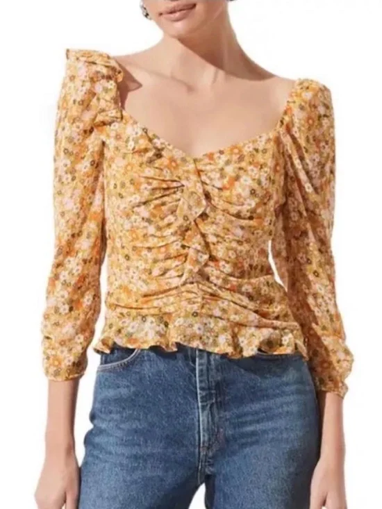 ASTR the Label Floral Blouse L Mustard Ditsy Cottagecore Coquette Boho Ruffle