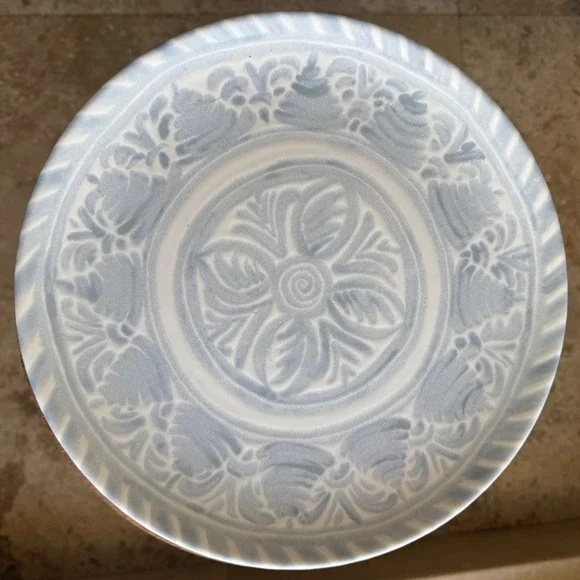 Pottery Barn Chambray Tile Dinner Plates Set‎ of 4 Blue White Stonewear Coastal