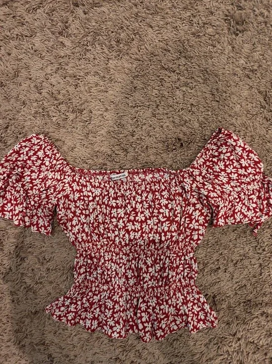 Reformation Red White Smocked Floral Puff Sleeve Crop Top Medium