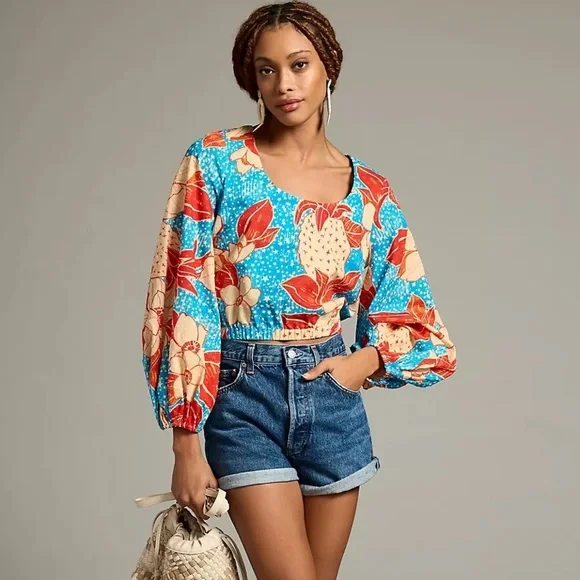 FARM Rio Blue Floral Puff-Sleeve Blouse with Red & Cream Accents