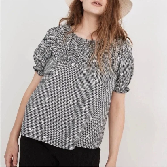 Madewell Embroidered Floral Gingham Ruffle Sleeve Peasant Top Black White M $88