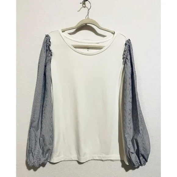 LOFT Top Womens XL White Knit Body Ruffle Pinstripe Navy Puff Sleeve Preppy