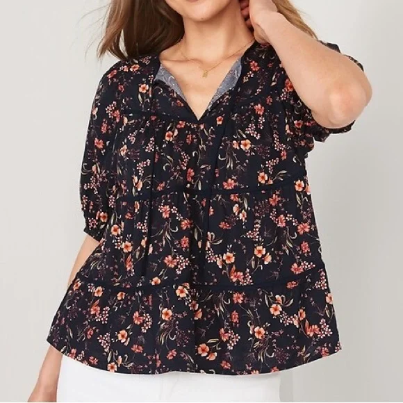 OLD NAVY Puff Sleeve Floral Tiered Swing Blouse Navy Blue Short Sleeve Peasant S