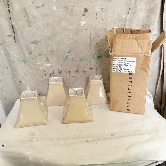 Pottery Barn Set of Four Chandelier Shades, Square Silk Ivory