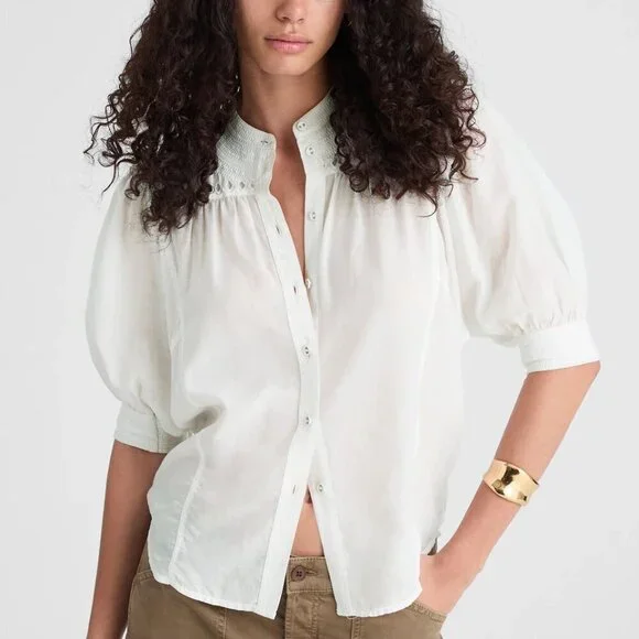 Madewell Puff-Sleeve Band-Collar Lightweight Shirt White Size 10/L NWT