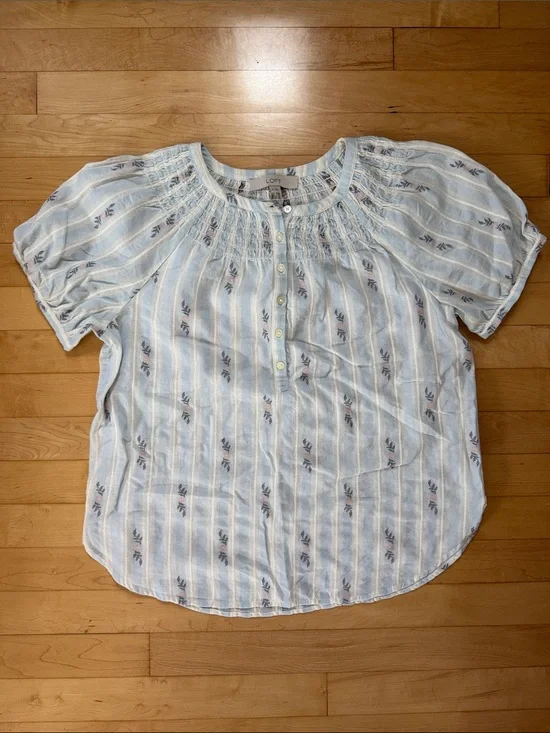 LOFT Blue Smocked Floral Stripe Puff Sleeve Blouse Boho Cottagecore Size S