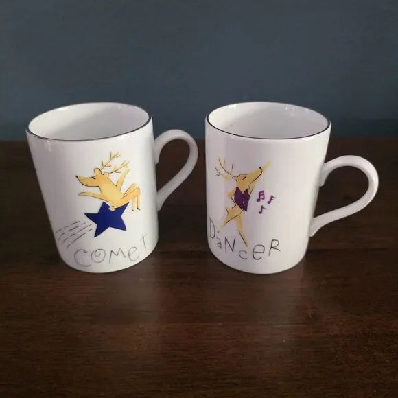 Vintage 2 Pottery Barn Christmas Reindeer Mugs Dancer Comet w/Silver Rims