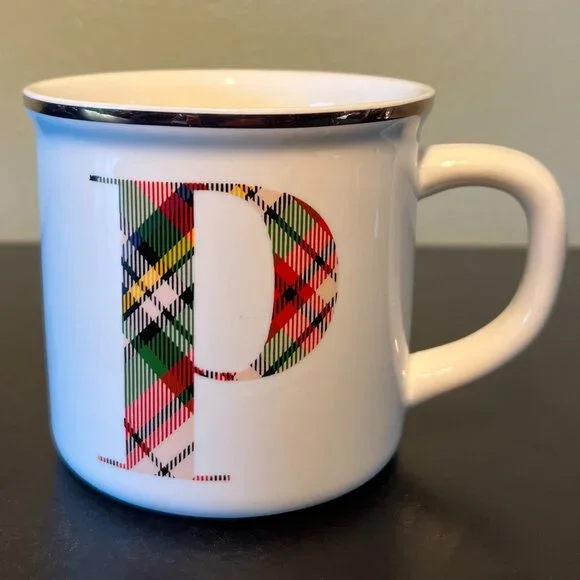 POTTERY BARN Scottish Tartan Plaid Letter P Monogram Initial Ceramic Coffee Mug
