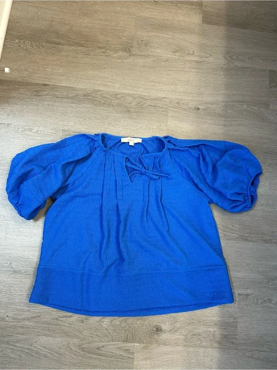 LOFT petite Royal Blue Puff Sleeve Tie-Neck Top