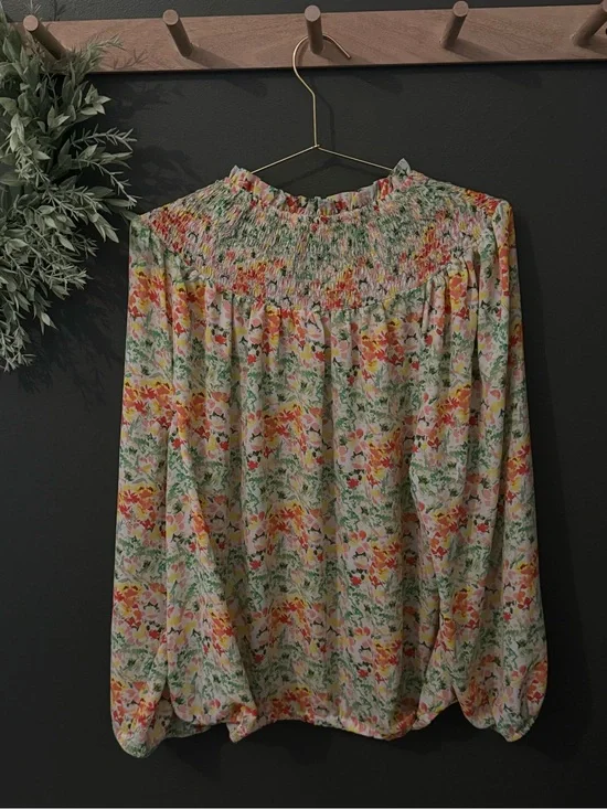 LOFT Multicolor Floral Smocked Top in Green, Pink & Yellow