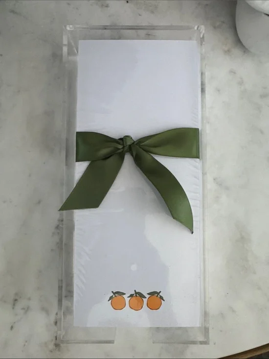 White Notepad with Orange Fruit Motif and Olive Green Bow
