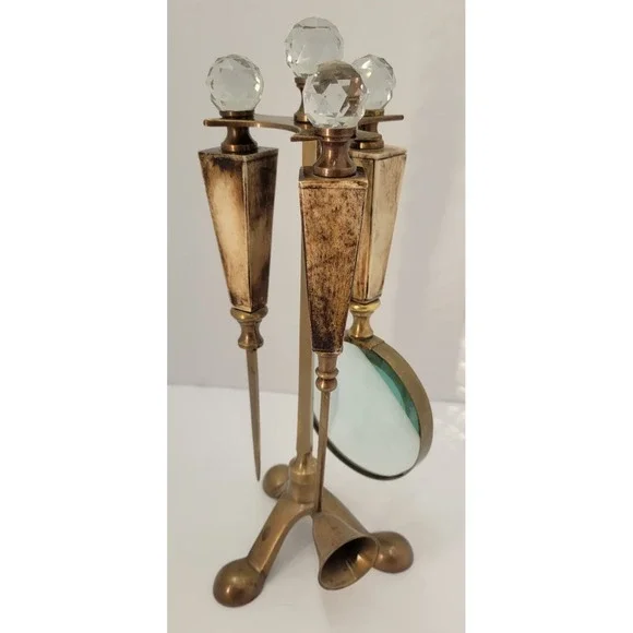 Vintage Brass Desk Set Bone Handles Crystal Knobs Magnifier Opener Snuffer