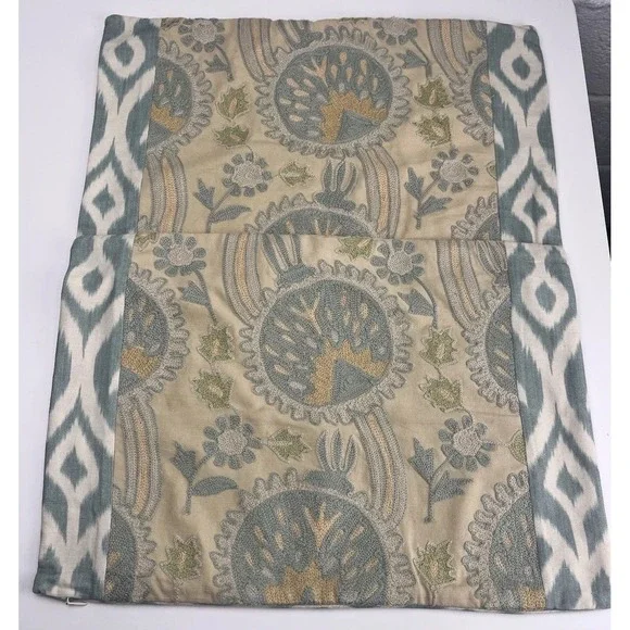 2 x Pottery Barn Aisha Embroidered Lumbar Pillow Cover Suzani Blue Cream Boho