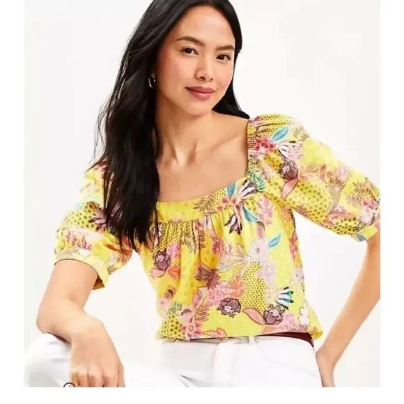 LOFT linen blend Yellow Floral Peasant Colorful Abstract blouse puff sleeves M
