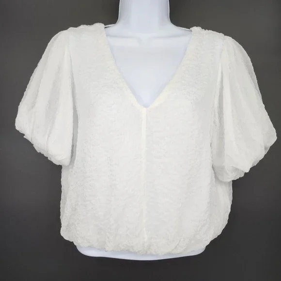 ASTR The Label Womens‎ Textured Puff Sleeve Crop Top Medium White Going Out Chic