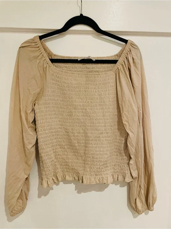 LOFT Neutral Beige Smocked Peasant Blouse