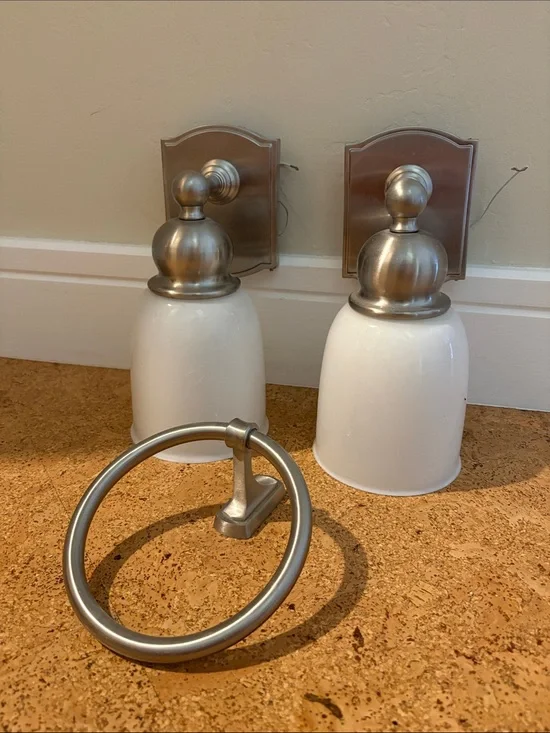 Pair of Pottery Barn Brushed Nickel Covington bath sconces plus towel bar