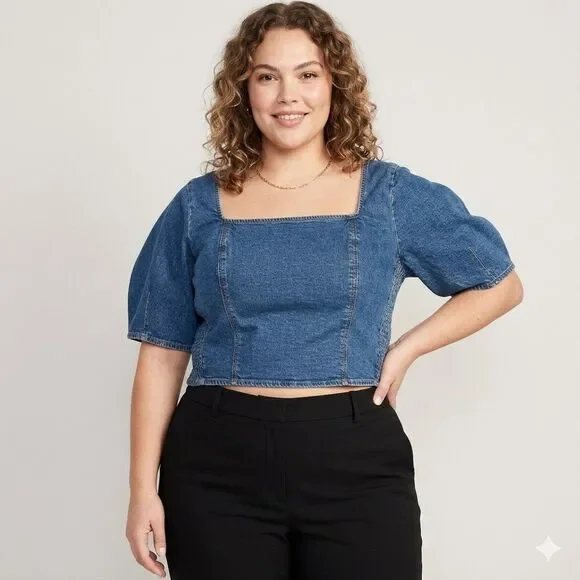 Old Navy Denim Milk Maid Crop Top Blue Square Neck Puff Sleeve Smocked Sides XL