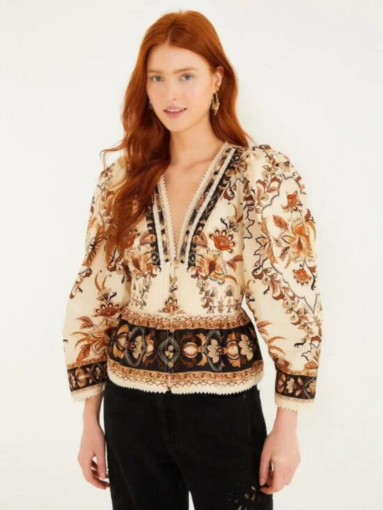Farm Rio Sand Majestic Garden Lace Puff Sleeve Blouse (NWT)