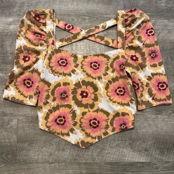 NWT Free People Give Me More Top Ivory Floral Crop Puff Sleeve Square Neck Sz XS