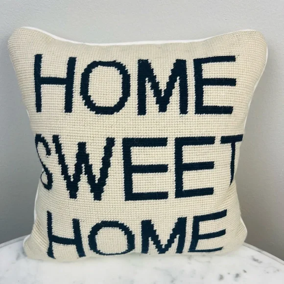 Pottery Barn “Home Sweet Home” Square Throw Pillow – Cream & Black Needlepoint