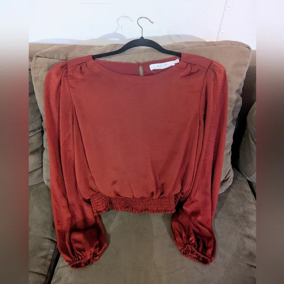 Astr Brown and Red Puff Sleeve Blouse Relaxed Smocked