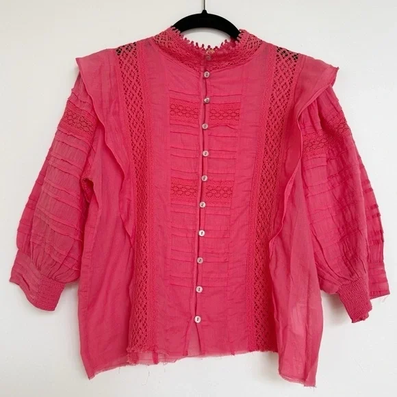 Free People One 100% Cotton Hot Pink Puff Sleeve Blouse XS NEW NWOT