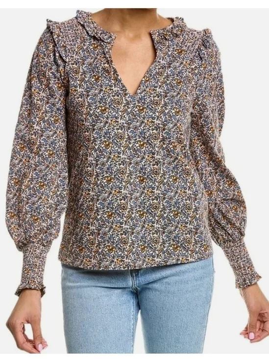 Boden Notch Neck Smocked Frill Floral Top