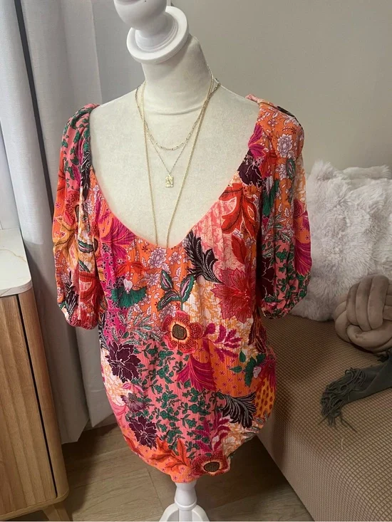 LOFT Orange Multi Floral Scoop-Neck Blouse