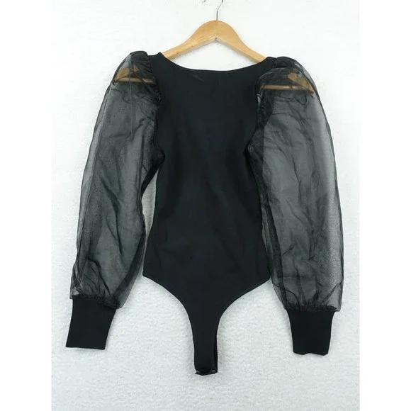 Astr Black Sheer Puff Sleeve Bodysuit