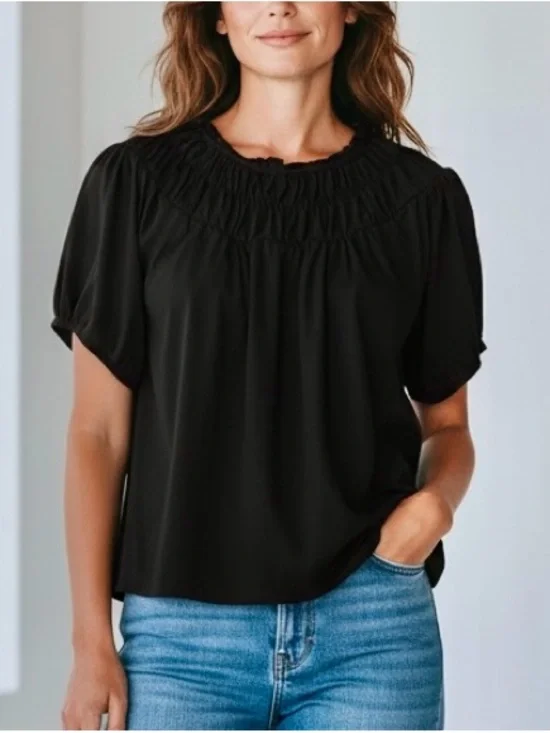 J. Crew Black Smocked Neck Short Sleeve Blouse Women’s Medium Casual, Whimsygoth